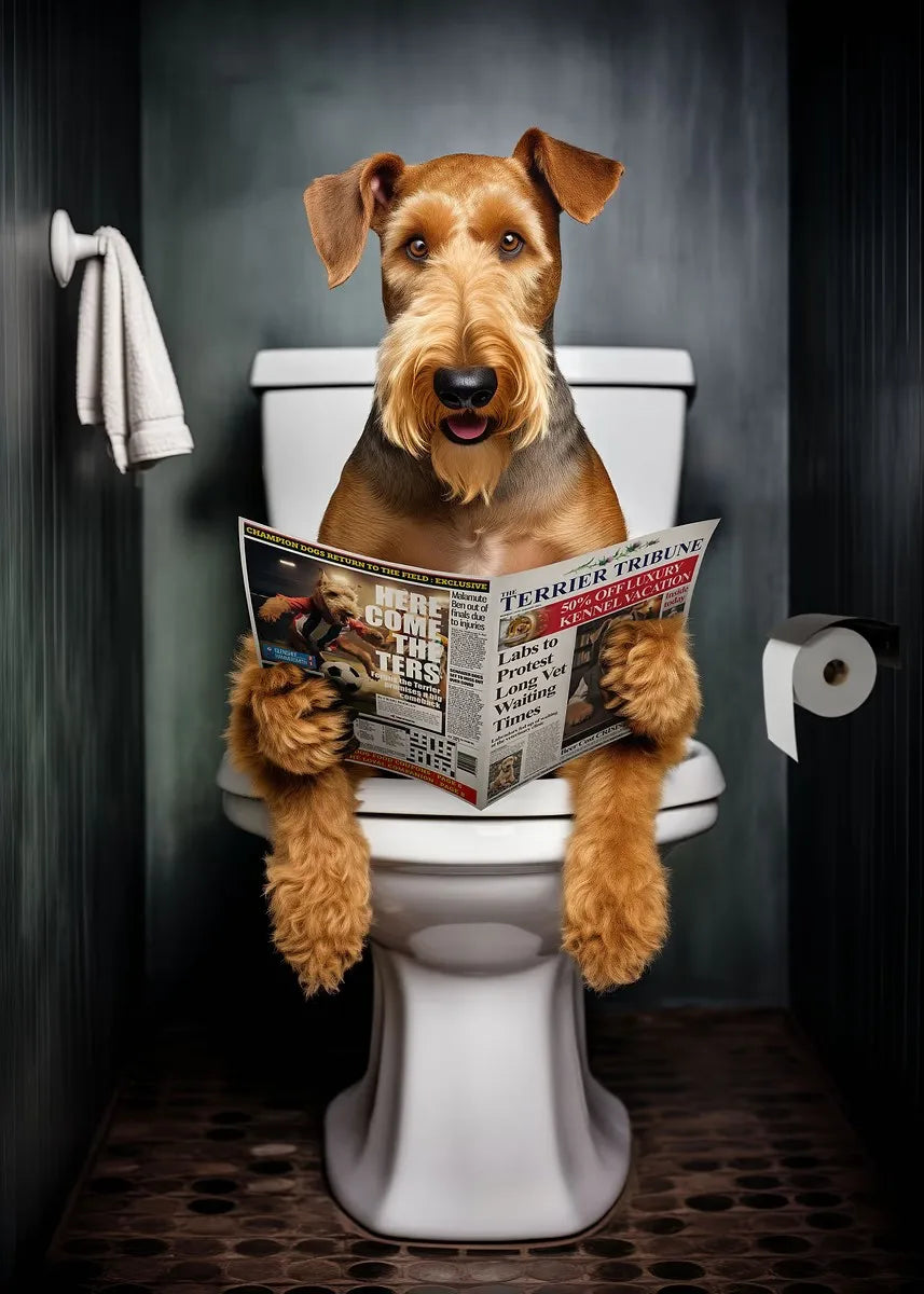 Funny Bathroom Poster Dog Reading Newspaper On Toilet Prints Pet Owner Gift Canvas Painting Wall Art Picture Home Bathroom Decor