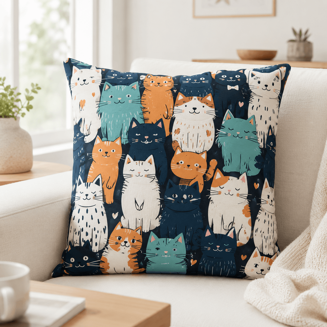Cute Cartoon Cat Pillow Cover – Kawaii Cat Throw Cushion Case for Sofa, Cat Lover Home Decor