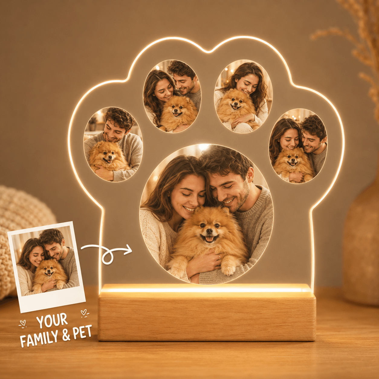 Custom Paw Photo Collage Night Light – Personalized Family & Pet Acrylic LED Lamp Gift