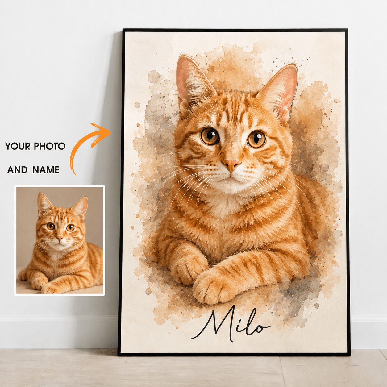 Custom Watercolor Pet Portrait from Photo – Personalized Dog Cat Canvas with Name, Pet Gift