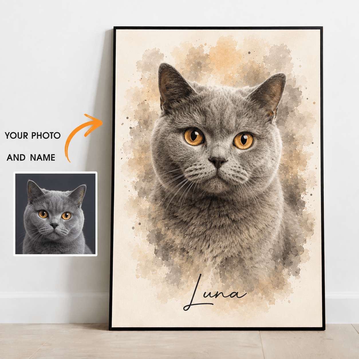 Custom Watercolor Pet Portrait from Photo – Personalized Dog Cat Canvas with Name, Pet Gift