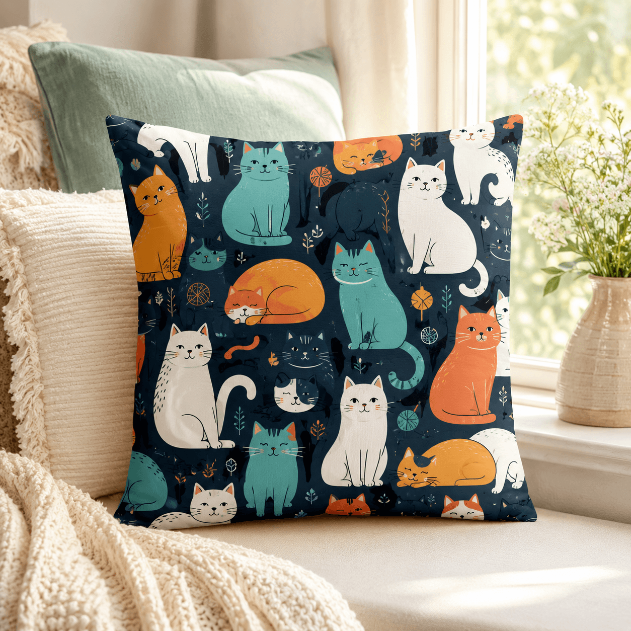 Cute Cartoon Cat Pillow Cover – Kawaii Cat Throw Cushion Case for Sofa, Cat Lover Home Decor