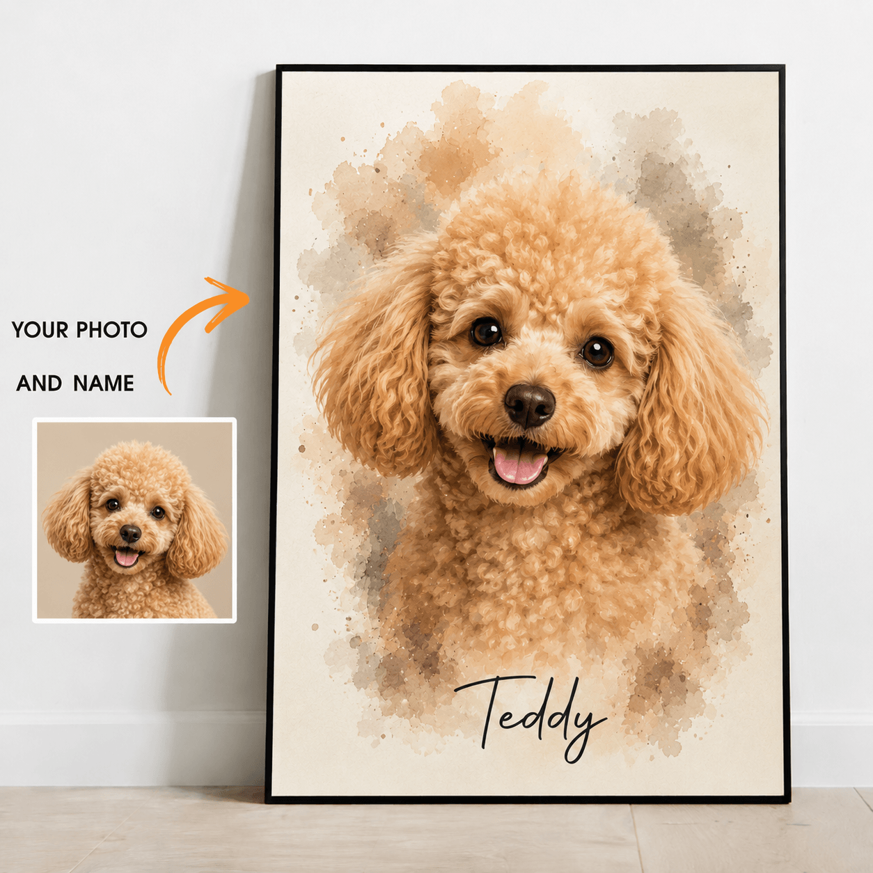 Custom Watercolor Pet Portrait from Photo – Personalized Dog Cat Canvas with Name, Pet Gift