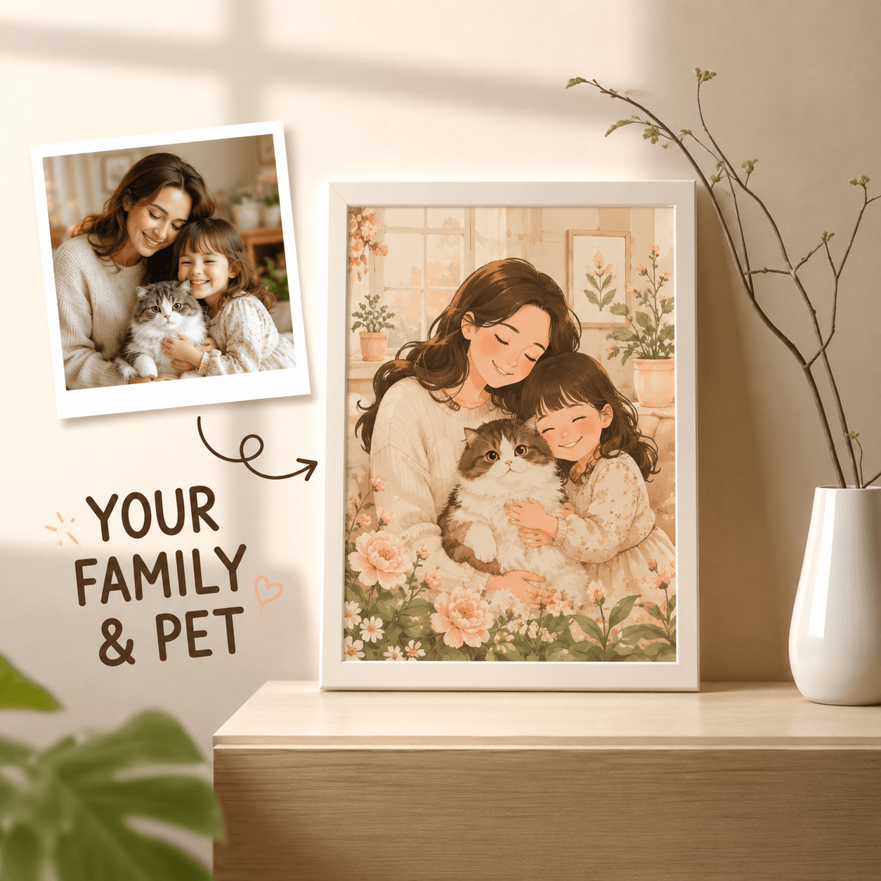 Custom Family & Pet Portrait from Photo – Personalized Watercolor Floral Illustration Gift