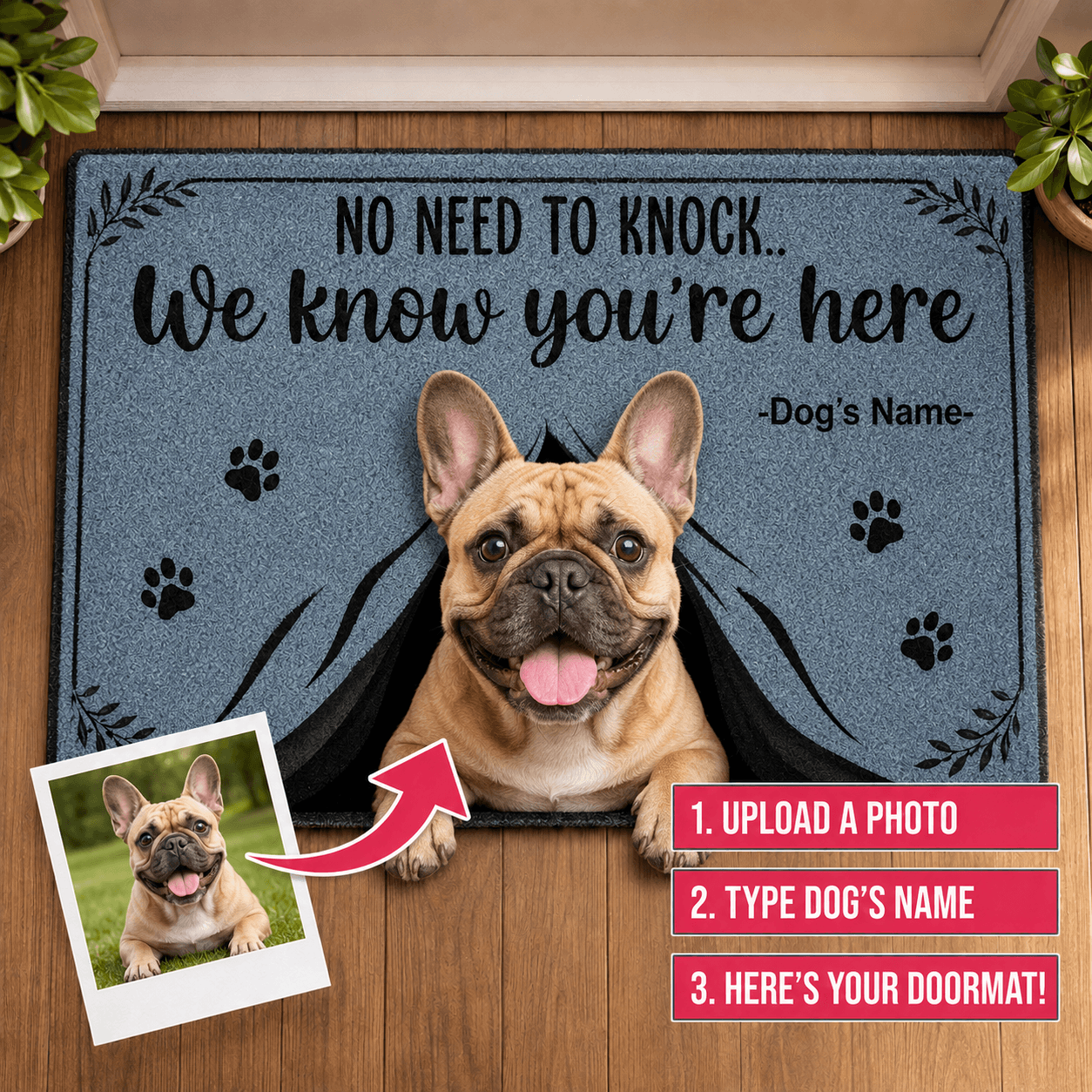 Custom Dog Doormat from Photo – Personalized "No Need to Knock" Funny Pet Welcome Mat