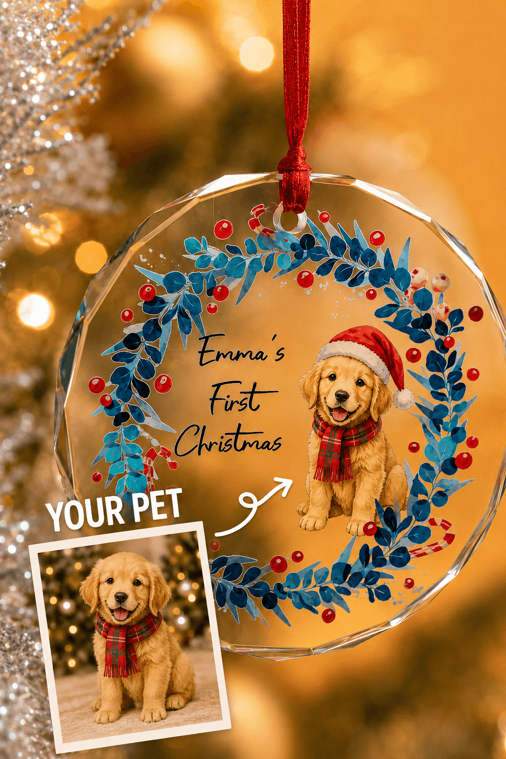 Personalized Pet First Christmas Ornament – Custom Dog Cat Glass Ornament with Name Gift