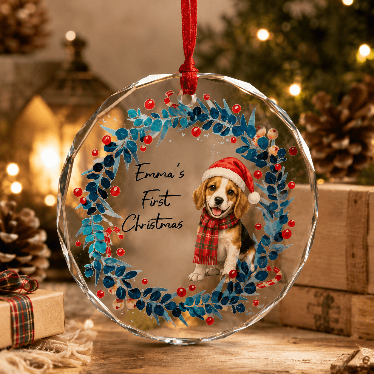 Personalized Pet First Christmas Ornament – Custom Dog Cat Glass Ornament with Name Gift