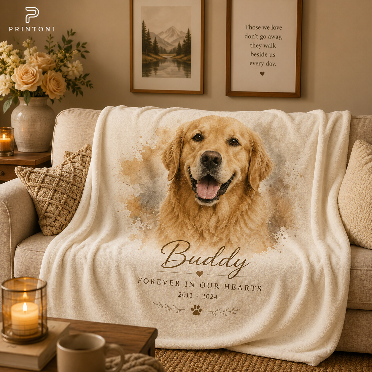 Custom Pet Memorial Blanket from Photo, Personalized Watercolor Dog Cat Portrait Throw, Pet Loss Sympathy Gift, In Memory Keepsake