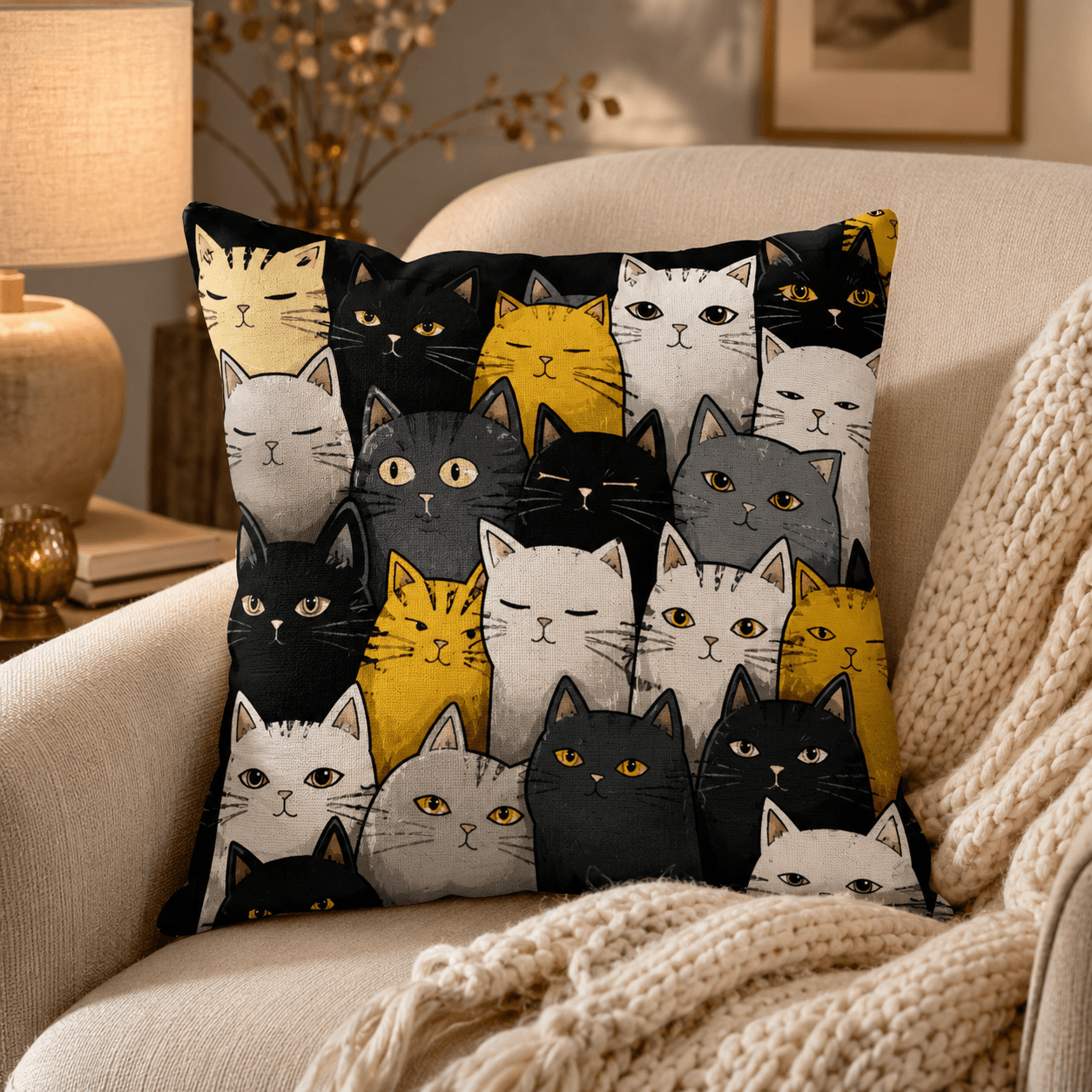 Cute Cartoon Cat Pillow Cover – Kawaii Cat Throw Cushion Case for Sofa, Cat Lover Home Decor