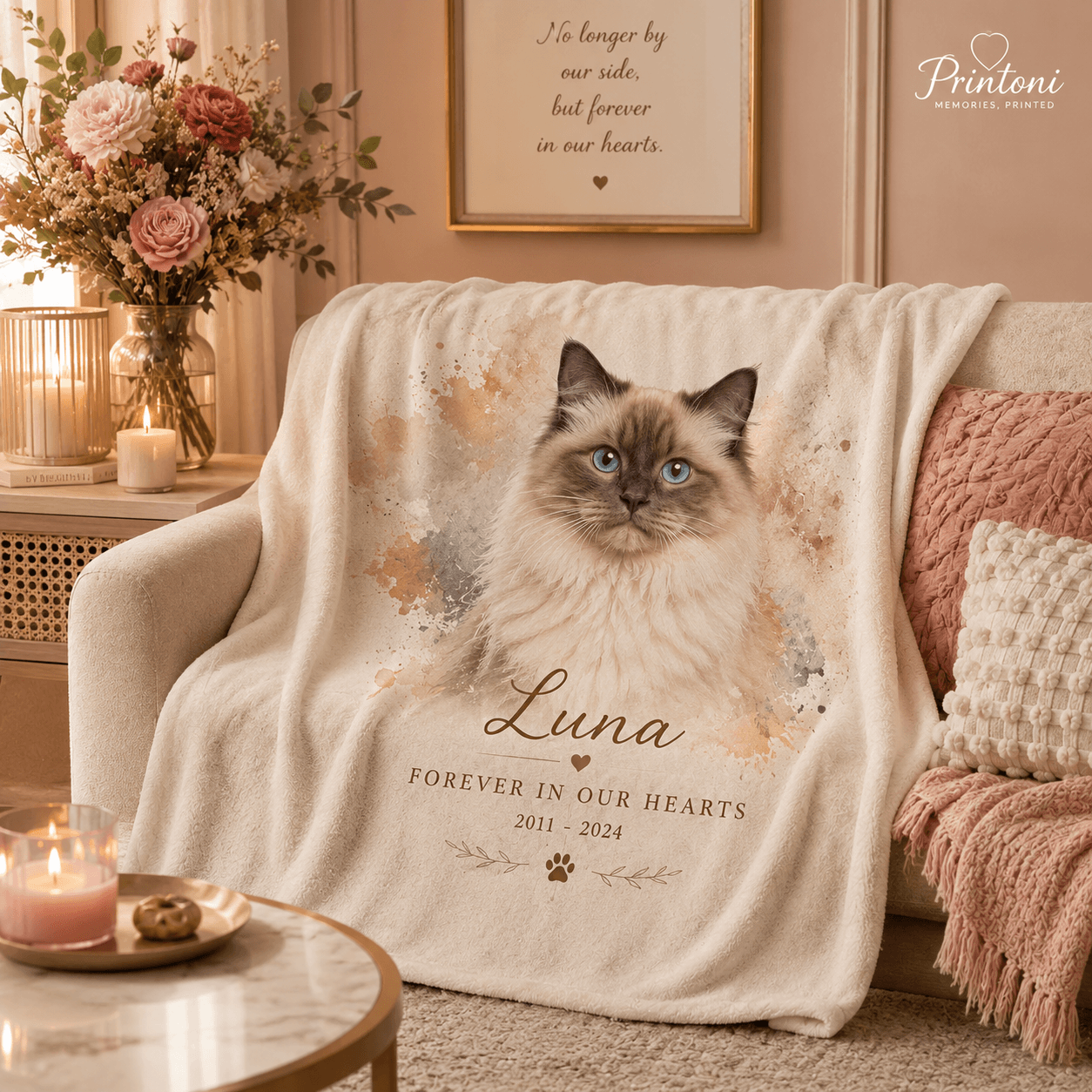 Custom Pet Memorial Blanket from Photo, Personalized Watercolor Dog Cat Portrait Throw, Pet Loss Sympathy Gift, In Memory Keepsake