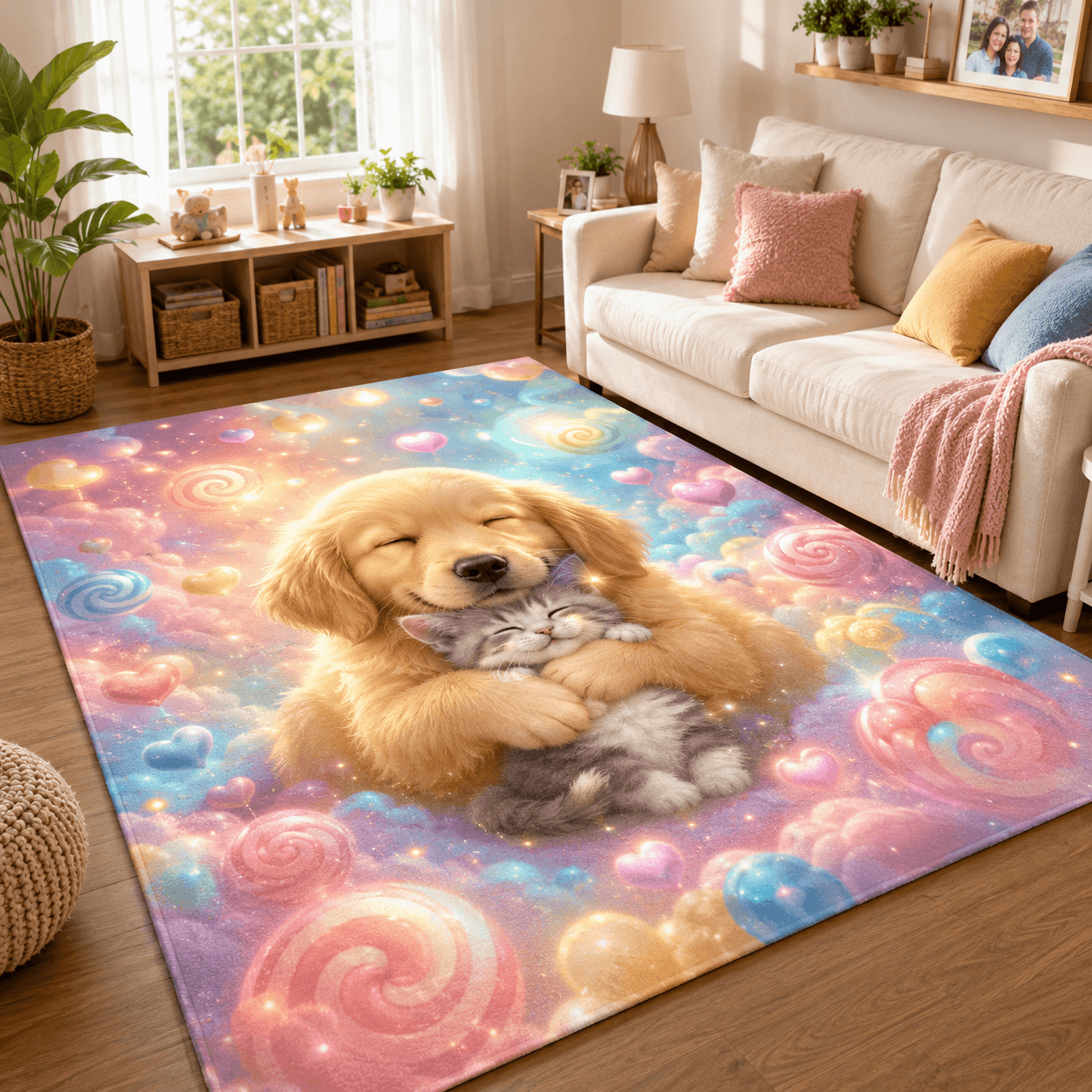 Dreamy Dog & Cat Area Rug – Cute Pastel Living Room Bedroom Floor Mat, Pet Lover Gift