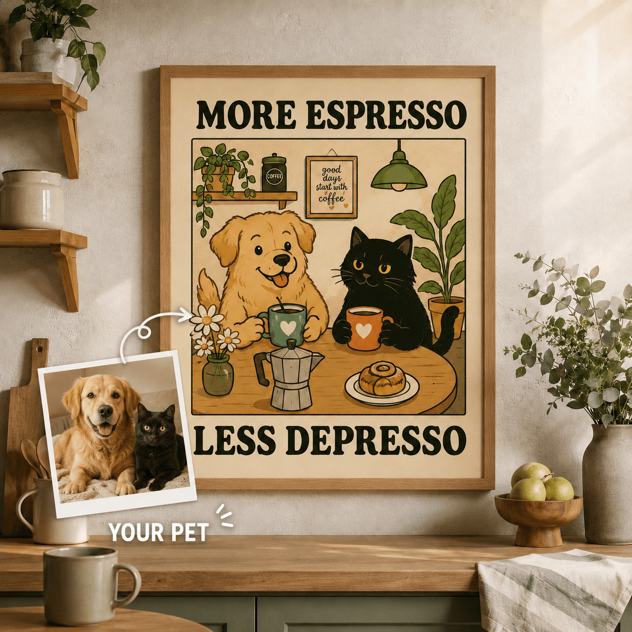 Funny Cat Dog Wall Art Print – Retro Aesthetic Kitchen & Bathroom Pet Poster, Pet Lover Gift