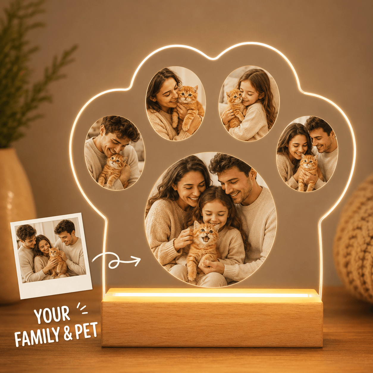 Custom Paw Photo Collage Night Light – Personalized Family & Pet Acrylic LED Lamp Gift