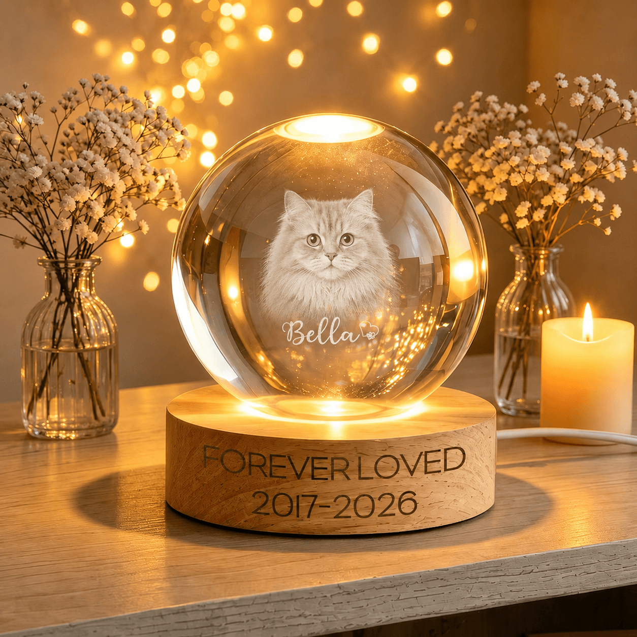 Custom Pet Memorial Crystal Ball Night Light from Photo – Personalized Dog Portrait Loss Gift - Printoni