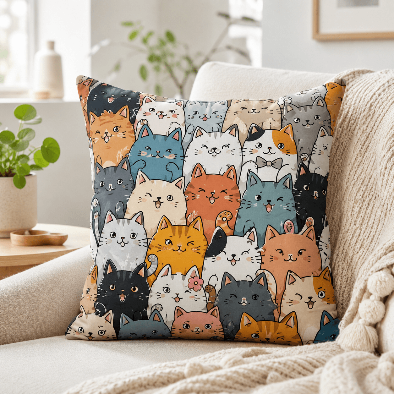 Cute Cartoon Cat Pillow Cover – Kawaii Cat Throw Cushion Case for Sofa, Cat Lover Home Decor