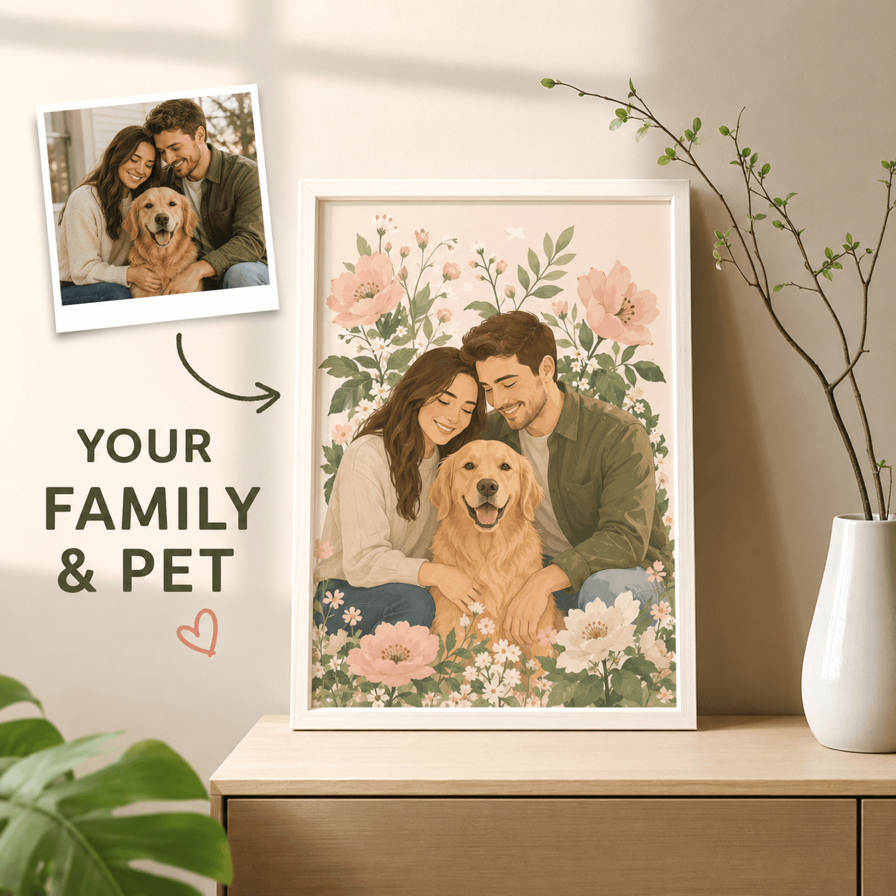 Custom Family & Pet Portrait from Photo – Personalized Watercolor Floral Illustration Gift