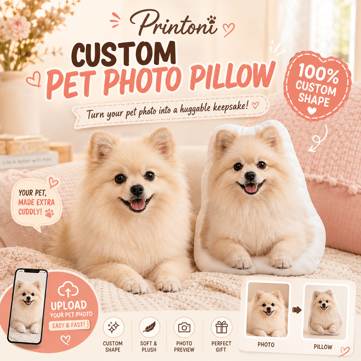 Custom Pet Photo Pillow – Turn Your Dog Cat Photo into a Huggable Keepsake Gift