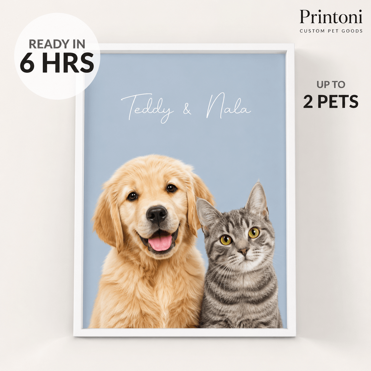 Custom Pet Portrait from Photo, Personalized Multiple Dog & Cat Portrait with Name, Modern Framed Pet Wall Art, Pet Lover Gift
