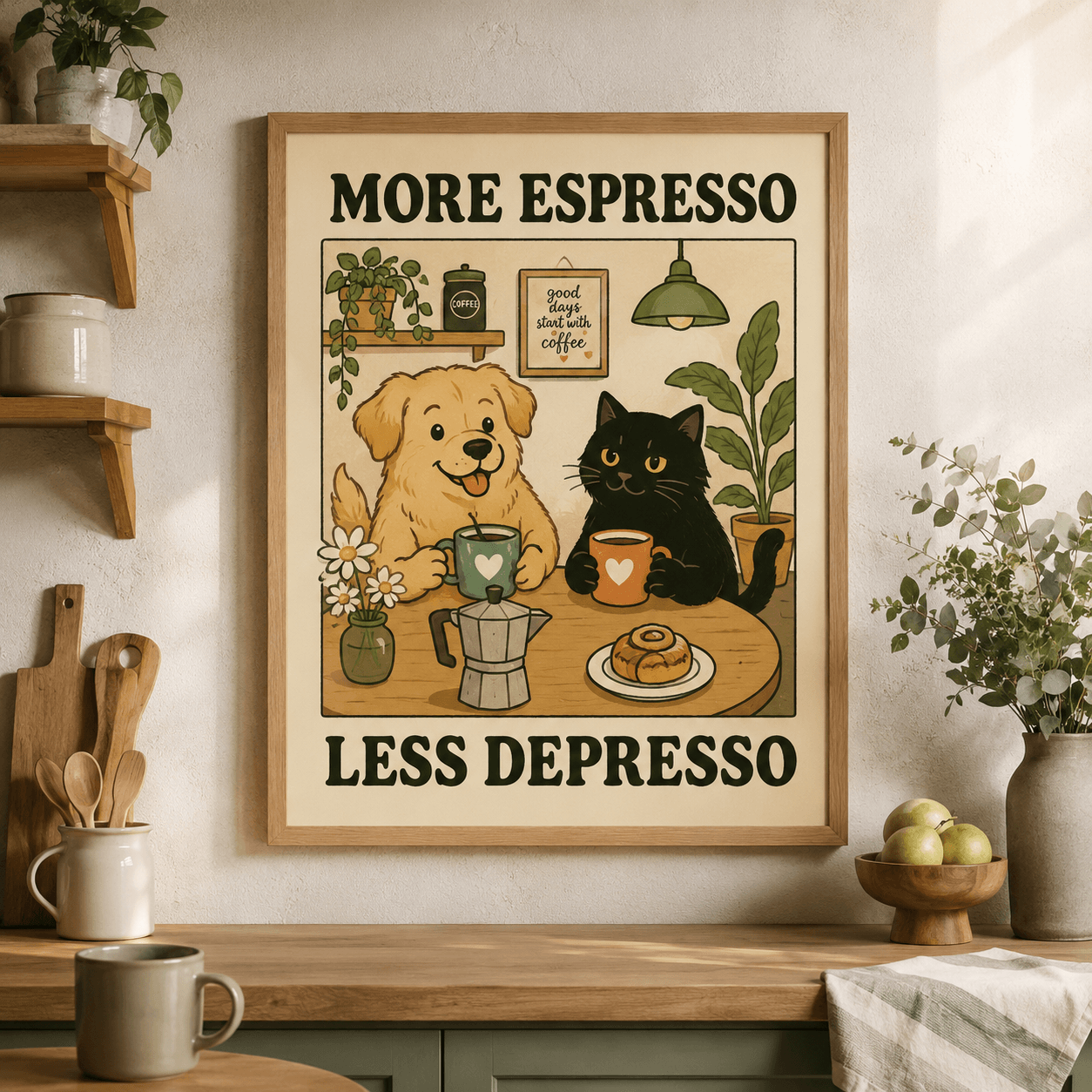 Funny Cat Dog Wall Art Print – Retro Aesthetic Kitchen & Bathroom Pet Poster, Pet Lover Gift