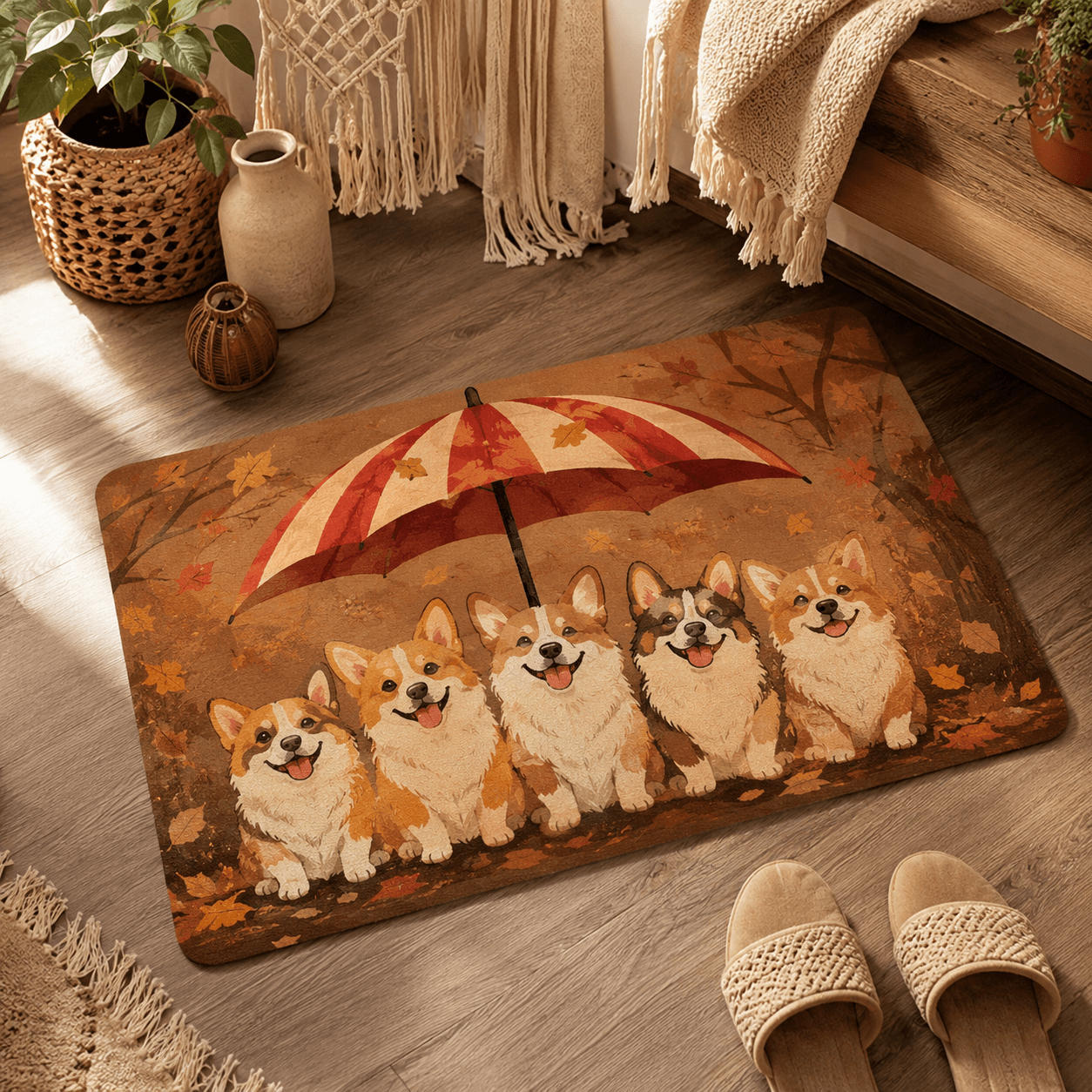 Corgi Fall Doormat – Cute Autumn Corgi Door Mat with Umbrella, Corgi Lover Gift Decor