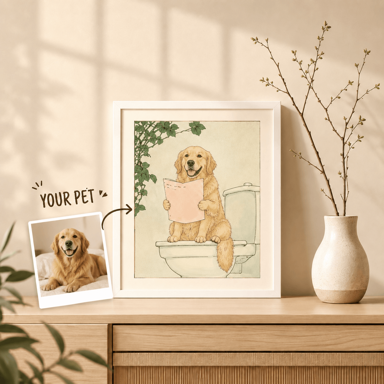 Custom Pet Bathroom Art from Photo – Personalized Funny Dog Cat Toilet Portrait, Bathroom Decor