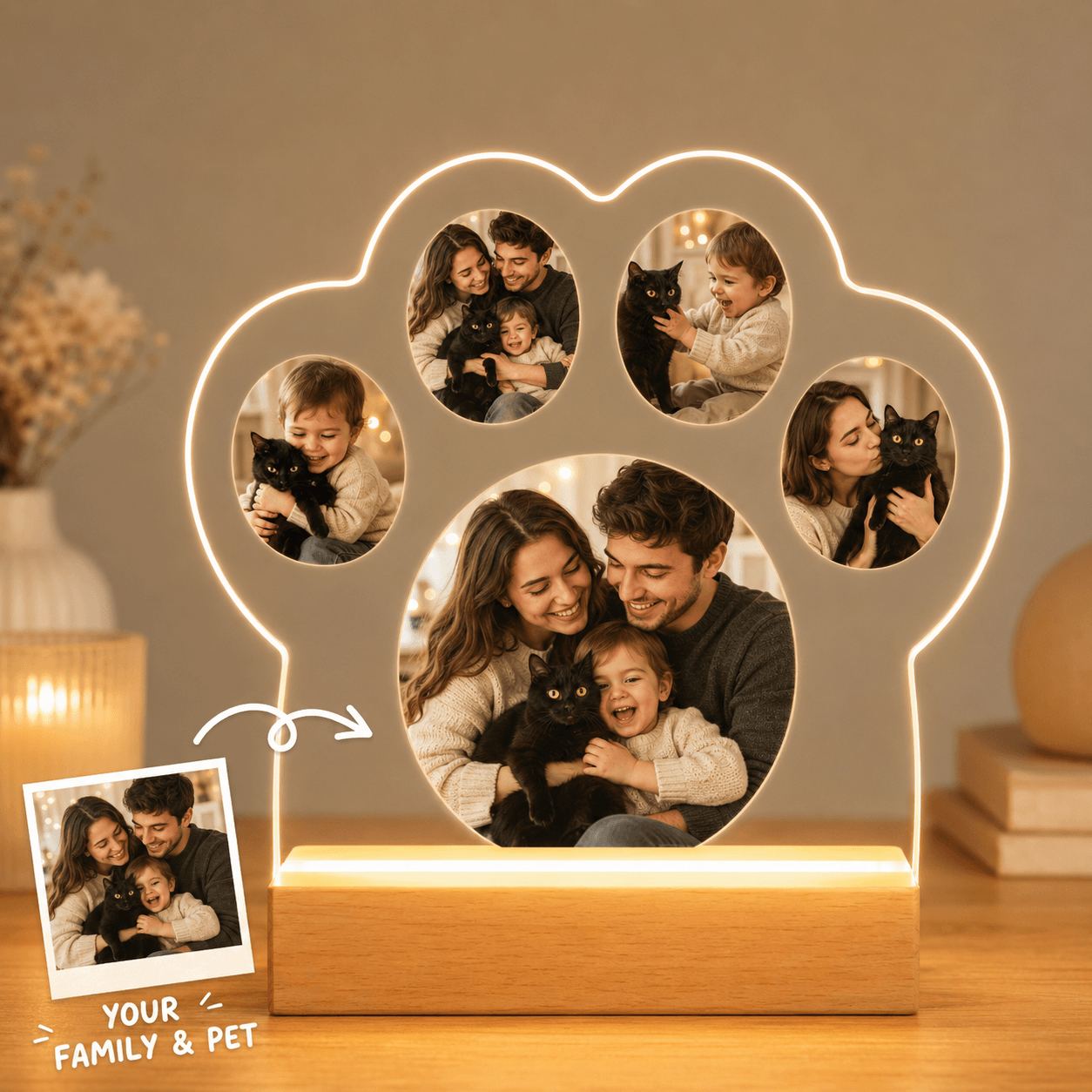 Custom Paw Photo Collage Night Light – Personalized Family & Pet Acrylic LED Lamp Gift