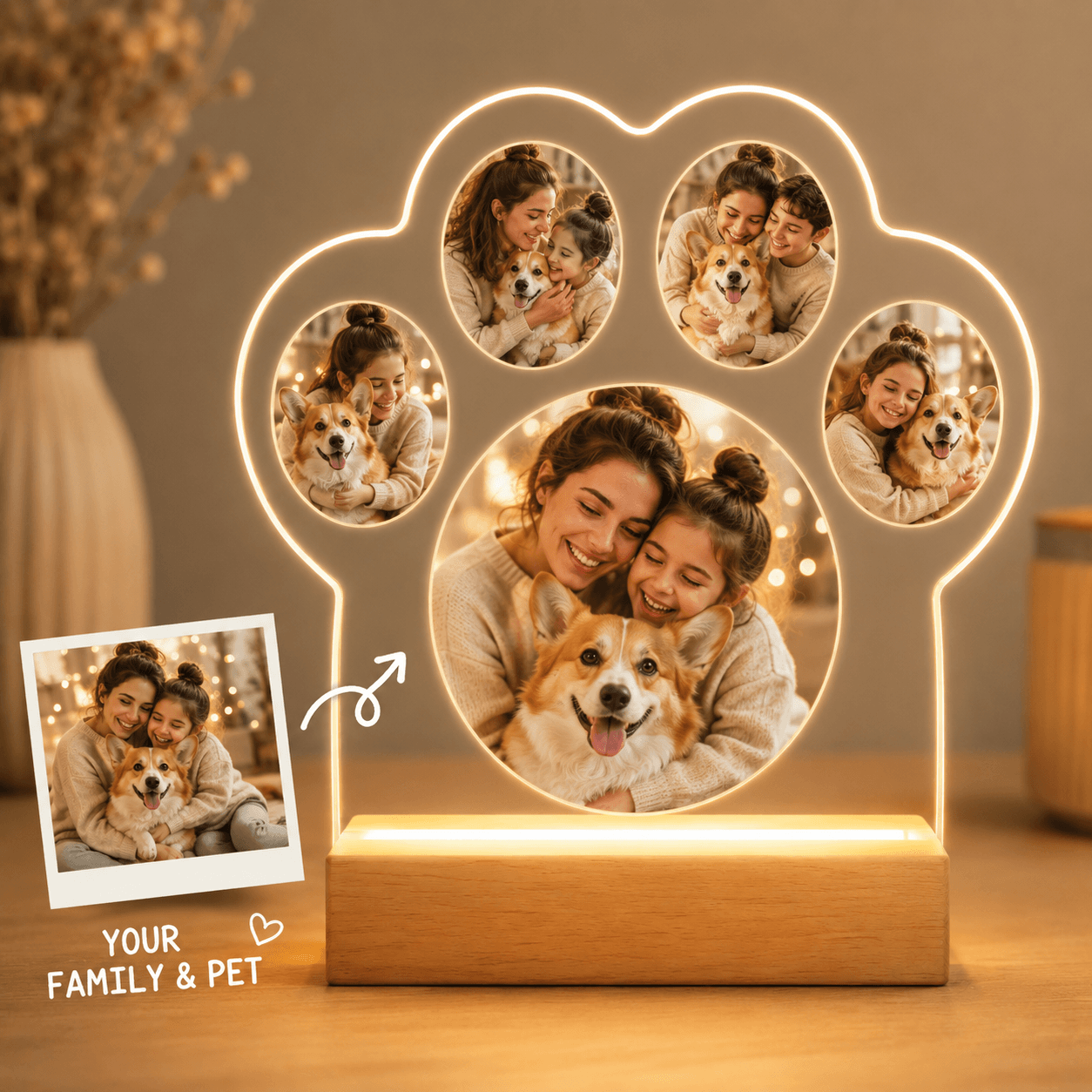 Custom Paw Photo Collage Night Light – Personalized Family & Pet Acrylic LED Lamp Gift