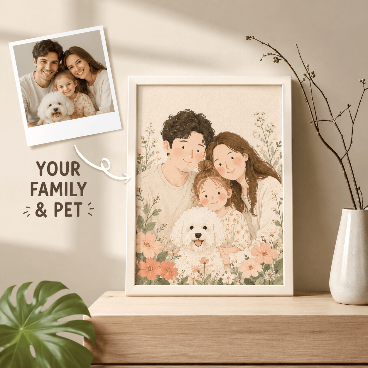 Custom Family & Pet Portrait from Photo – Personalized Watercolor Floral Illustration Gift