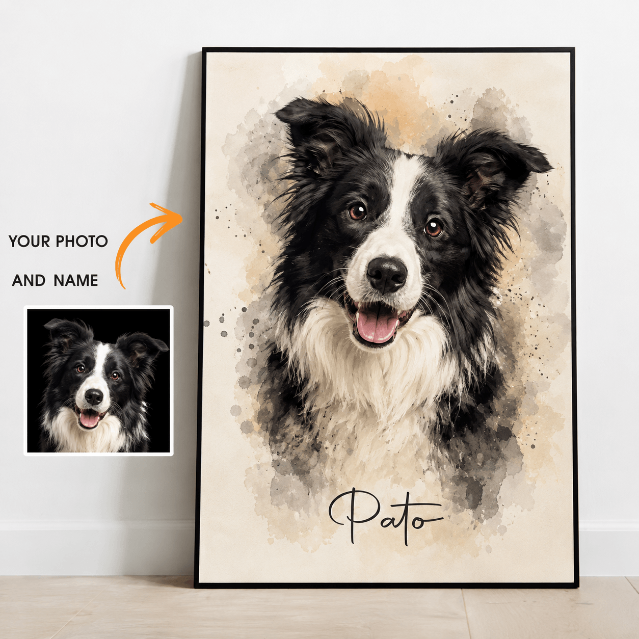 Custom Watercolor Pet Portrait from Photo – Personalized Dog Cat Canvas with Name, Pet Gift