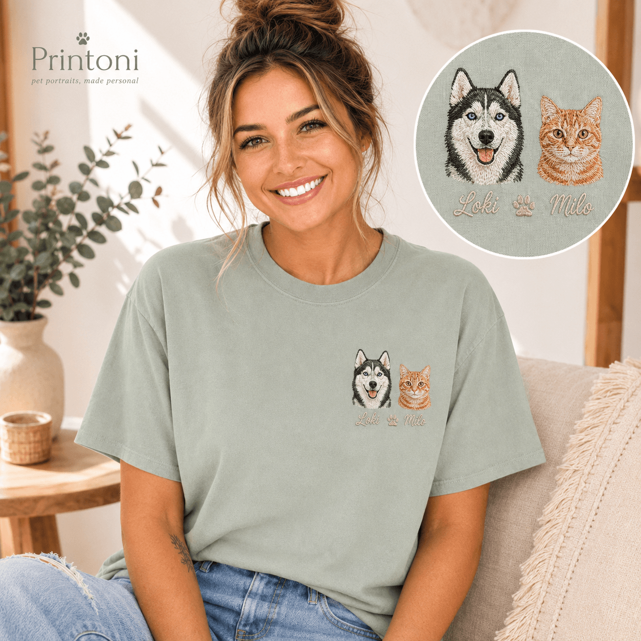 Custom Embroidered Pet Portrait Shirt from Photo, Personalized Dog Cat Face Tee with Name, Dog Mom Gift, Comfort Colors