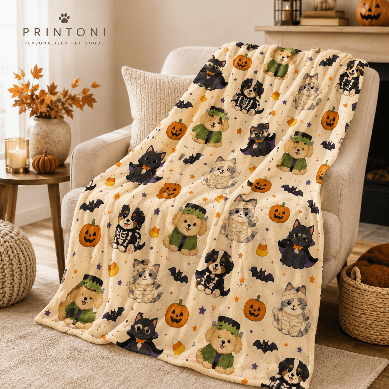 Custom Halloween Pet Blanket from Photo, Personalized Dog Cat Face & Name Throw, Spooky Pet Costume Blanket, Pet Lover Gift