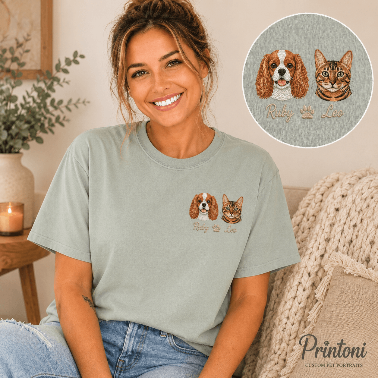 Custom Embroidered Pet Portrait Shirt from Photo, Personalized Dog Cat Face Tee with Name, Dog Mom Gift, Comfort Colors