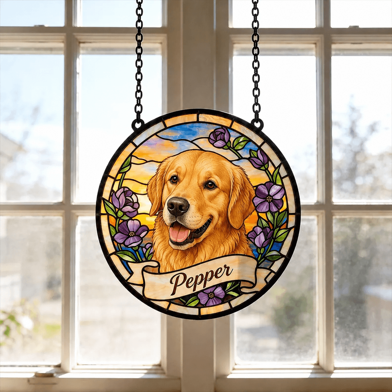 Custom Dog Stained Glass Suncatcher from Photo – Personalized Pet Memorial Window Decor - Printoni