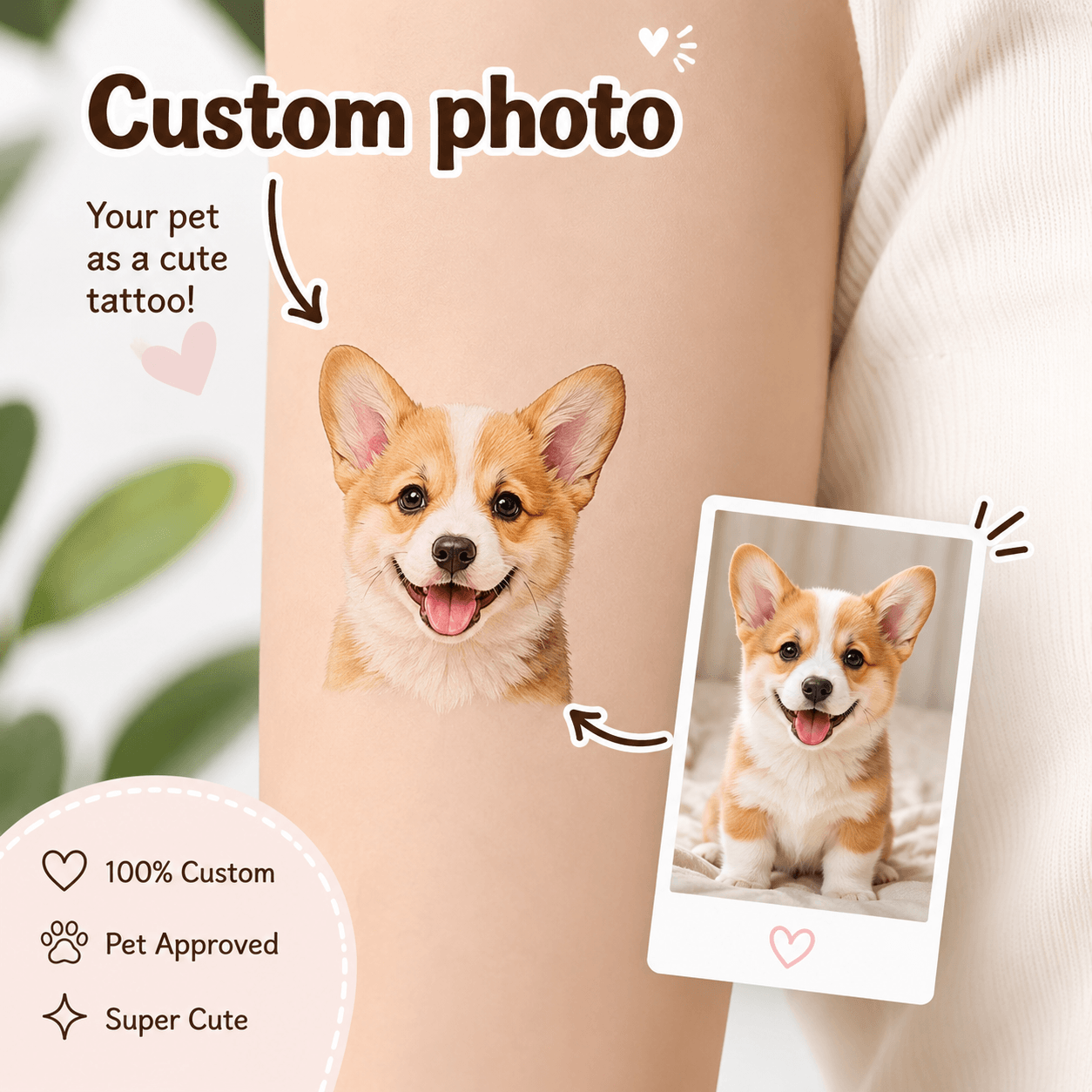Custom Pet Temporary Tattoo from Photo – Personalized Dog Cat Portrait Tattoo Gift
