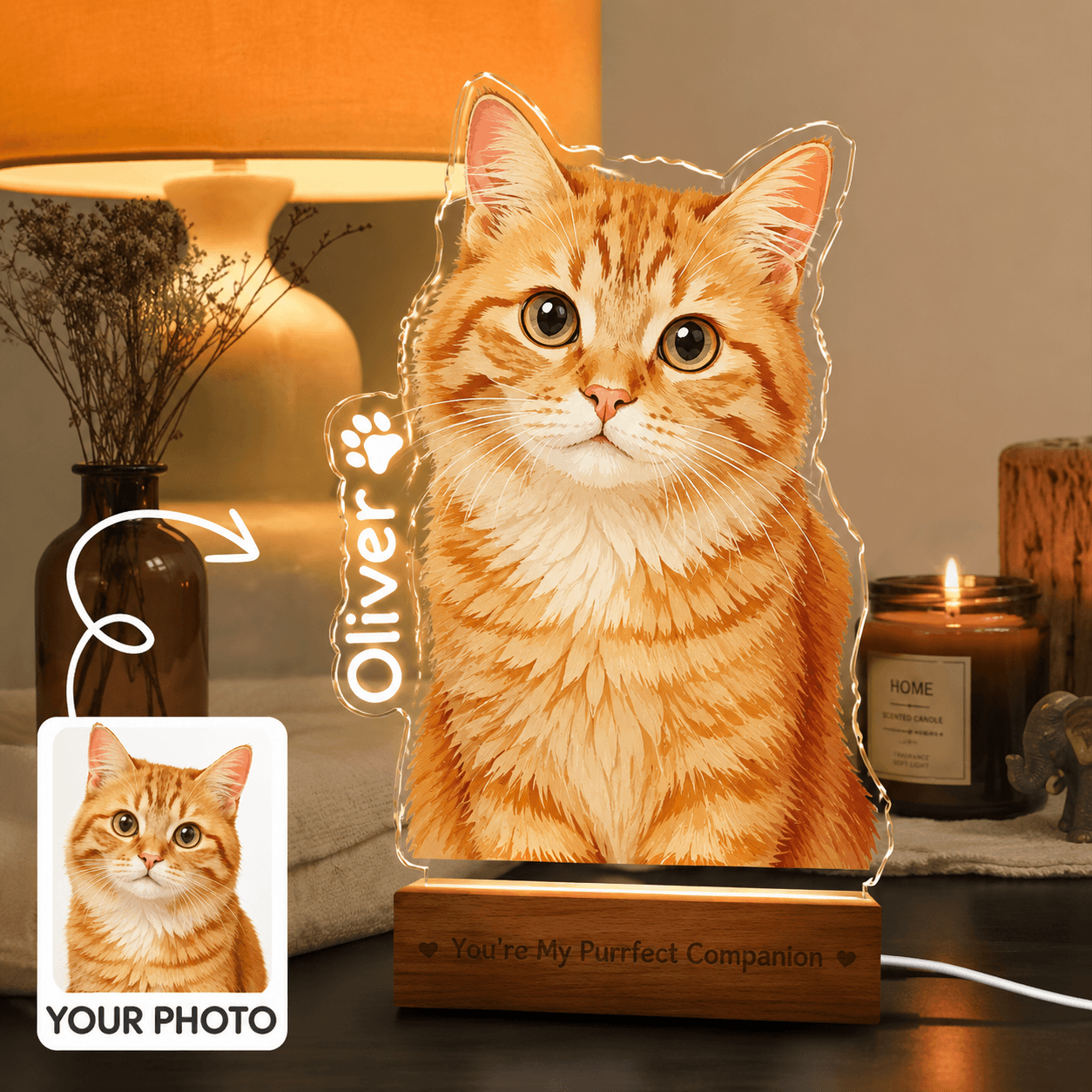 Custom Pet Night Light from Photo – Personalized Dog Cat Acrylic Lamp with Name, Pet Gift