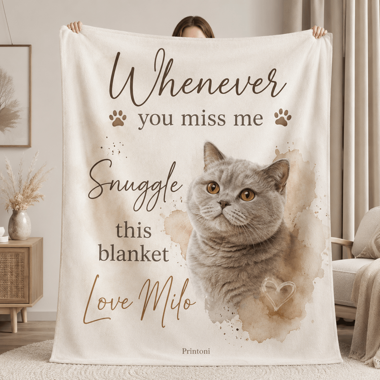 Custom Pet Memorial Blanket from Photo, Personalized Watercolor Dog Cat Throw with Name, Pet Loss Sympathy & Remembrance Gift
