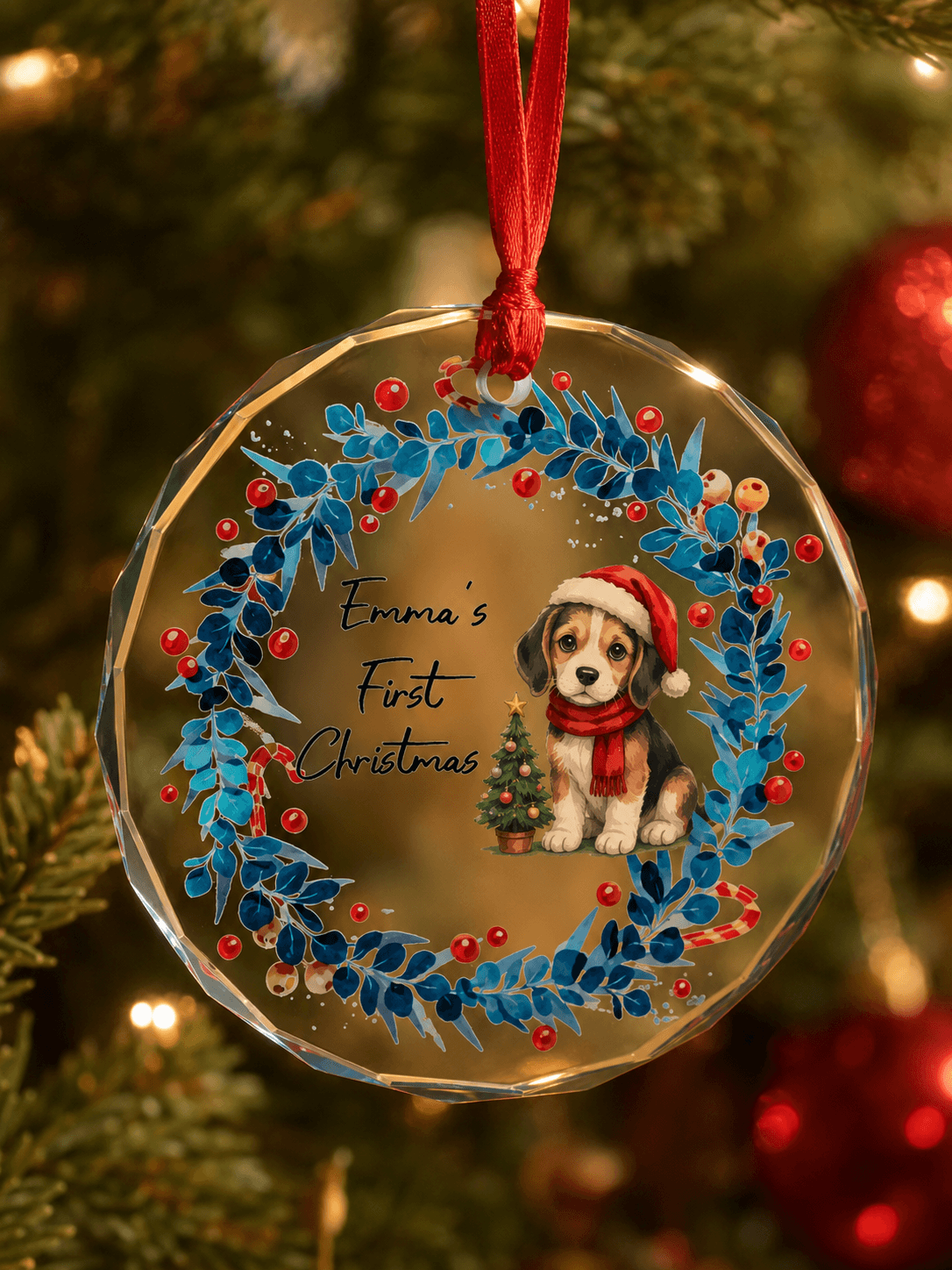 Personalized Pet First Christmas Ornament – Custom Dog Cat Glass Ornament with Name Gift