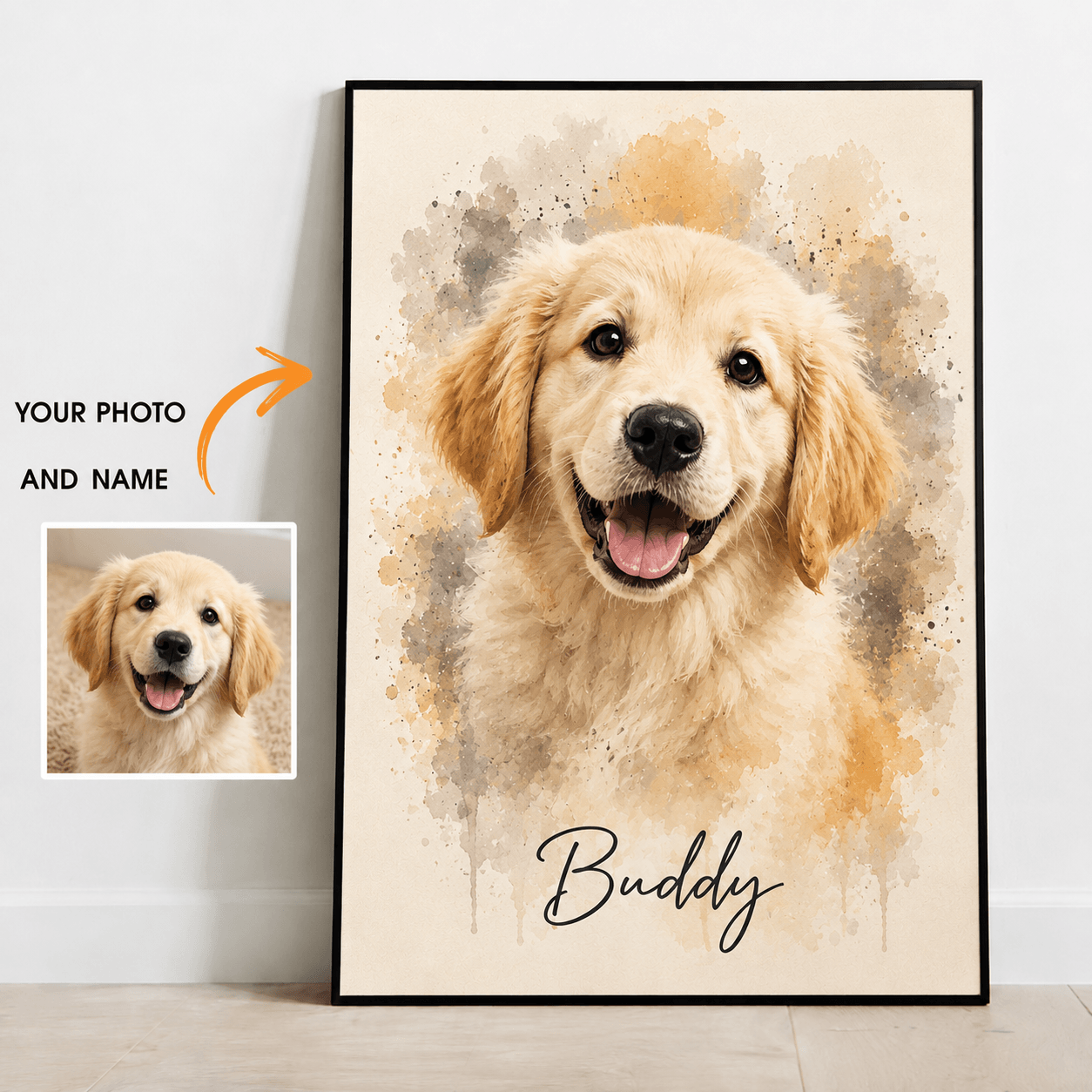 Custom Watercolor Pet Portrait from Photo – Personalized Dog Cat Canvas with Name, Pet Gift
