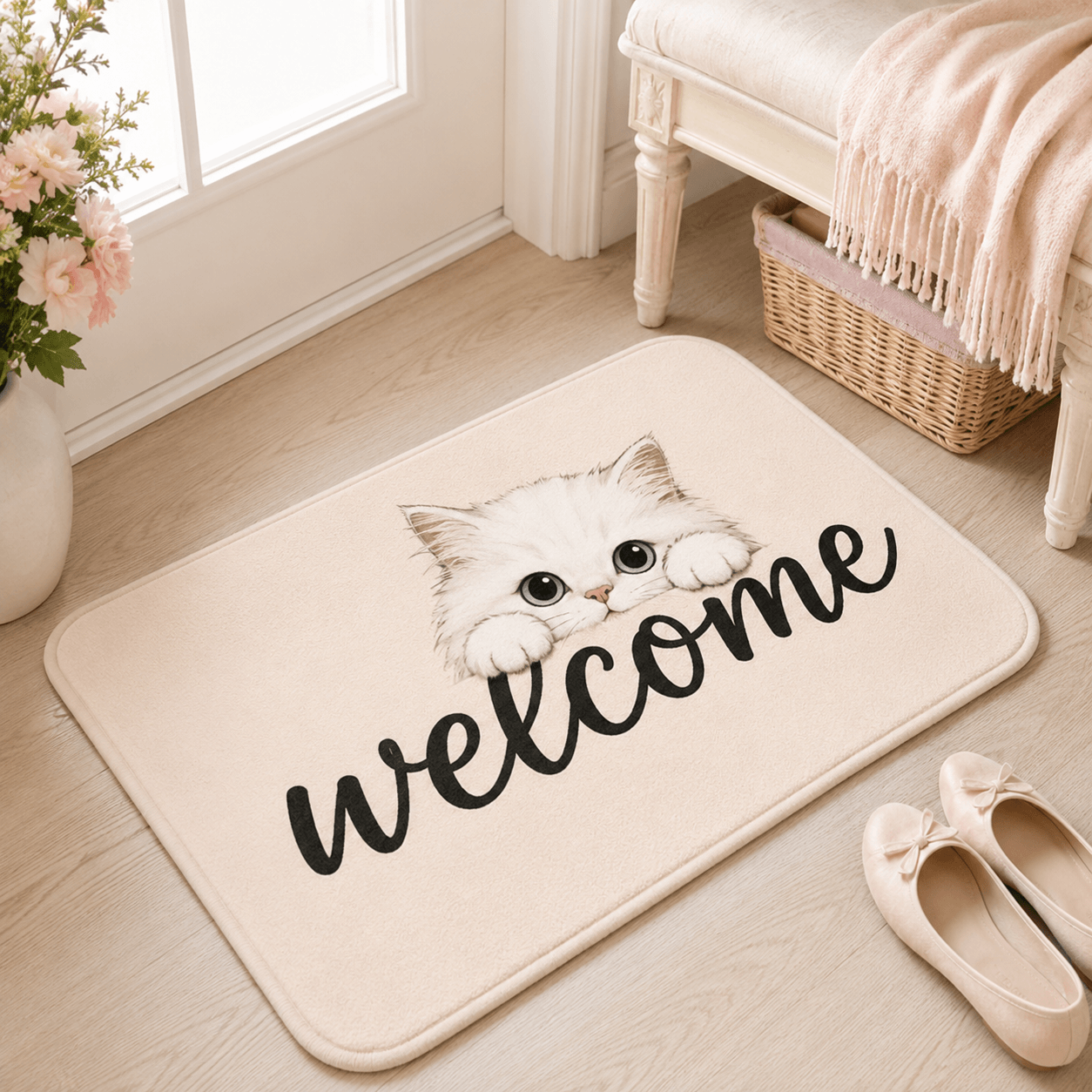 Black Cat Welcome Doormat – Cute Minimalist Cat Door Mat, Modern Cat Lover Gift Decor