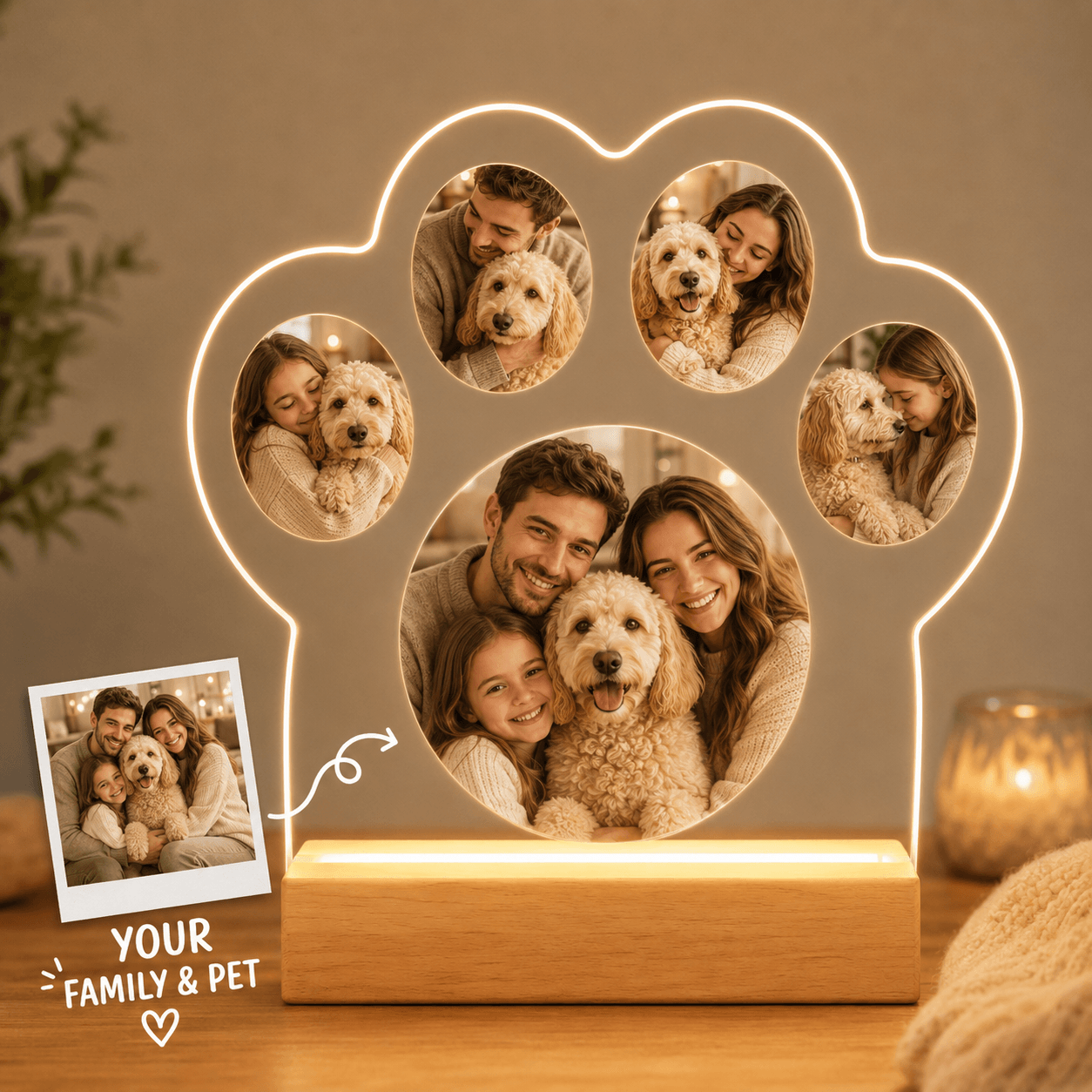 Custom Paw Photo Collage Night Light – Personalized Family & Pet Acrylic LED Lamp Gift