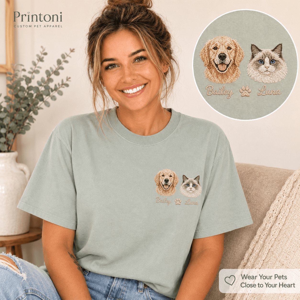 Custom Embroidered Pet Portrait Shirt from Photo, Personalized Dog Cat Face Tee with Name, Dog Mom Gift, Comfort Colors