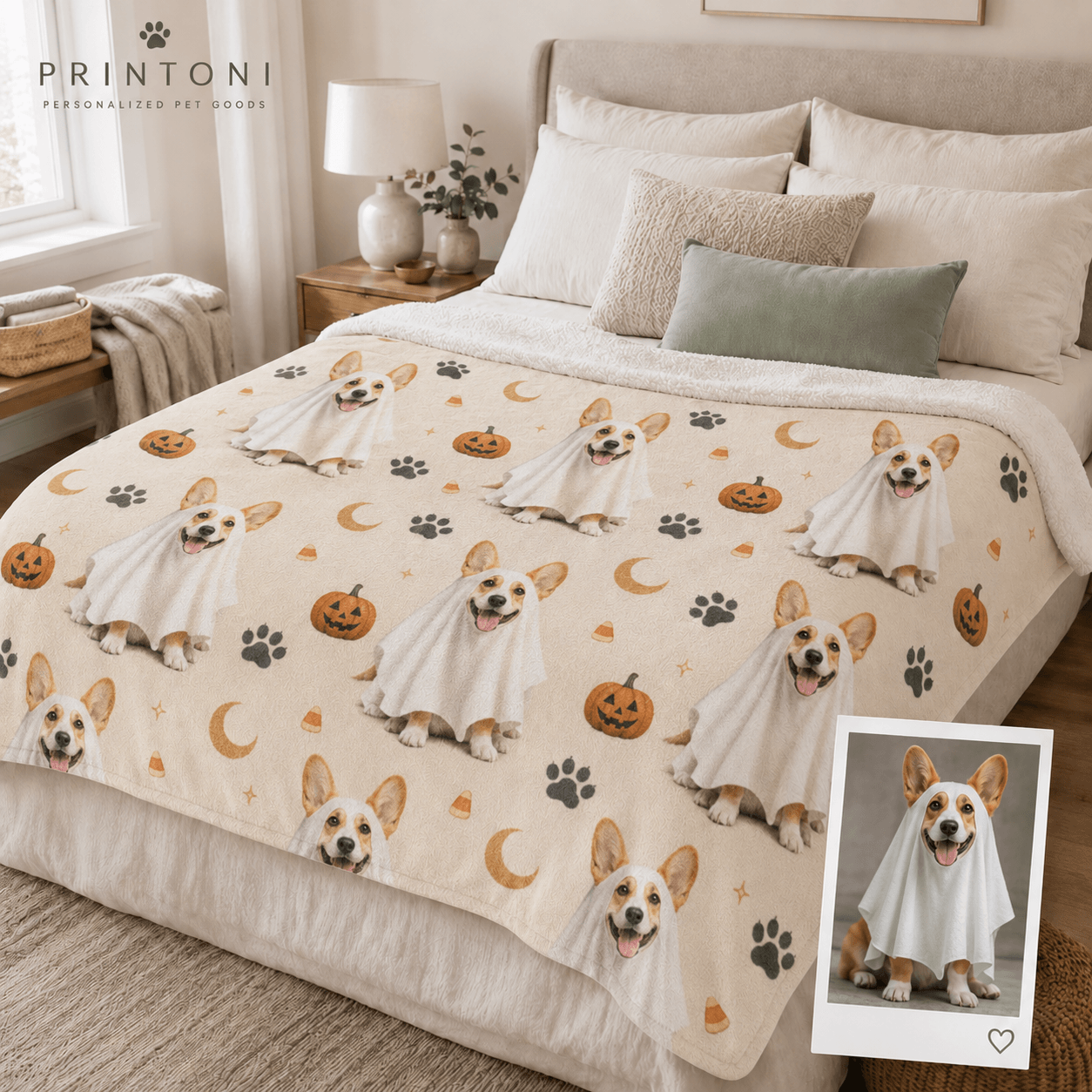 Custom Halloween Pet Blanket from Photo, Personalized Dog Cat Face & Name Throw, Spooky Pet Costume Blanket, Pet Lover Gift