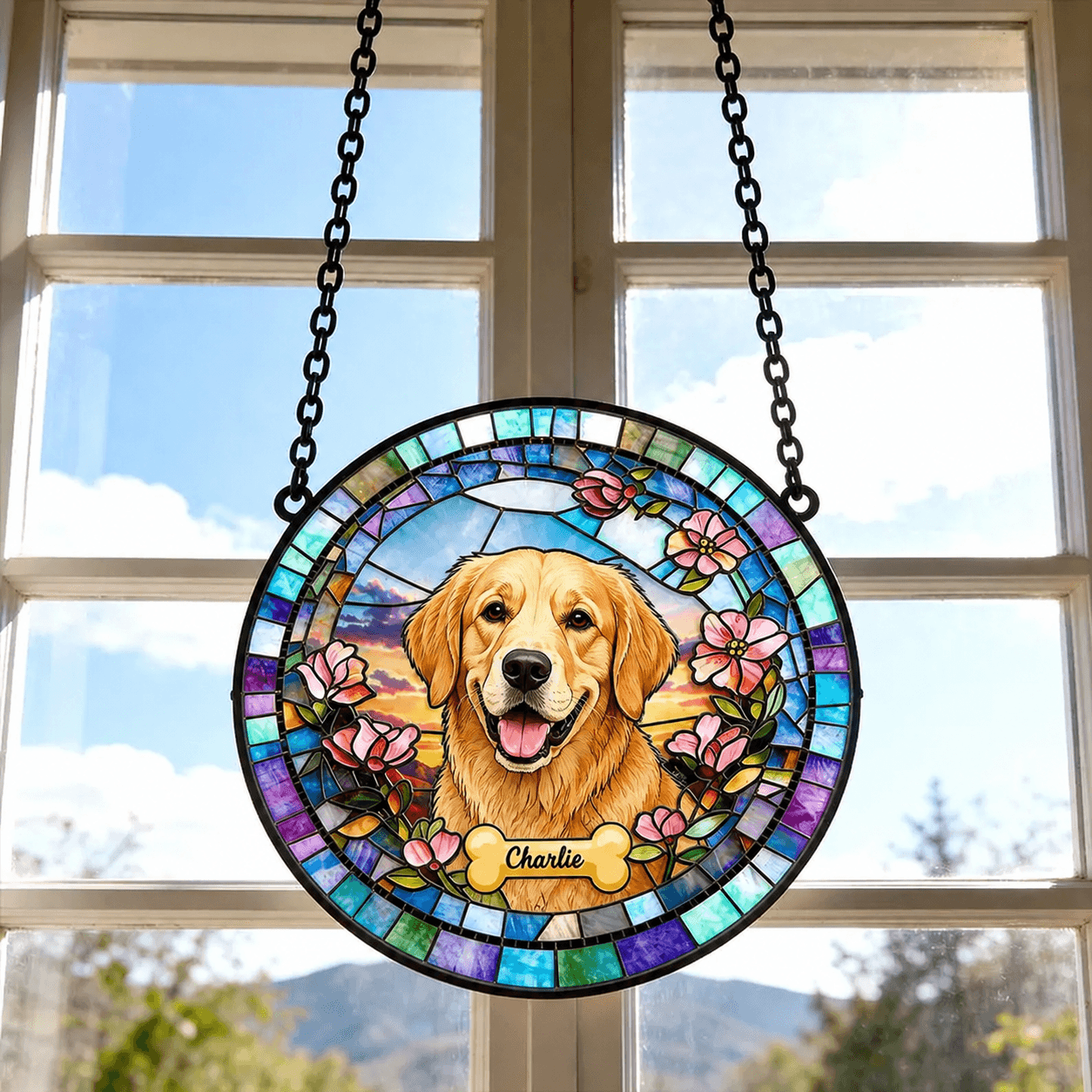 Custom Dog Stained Glass Suncatcher from Photo – Personalized Pet Memorial Window Decor - Printoni