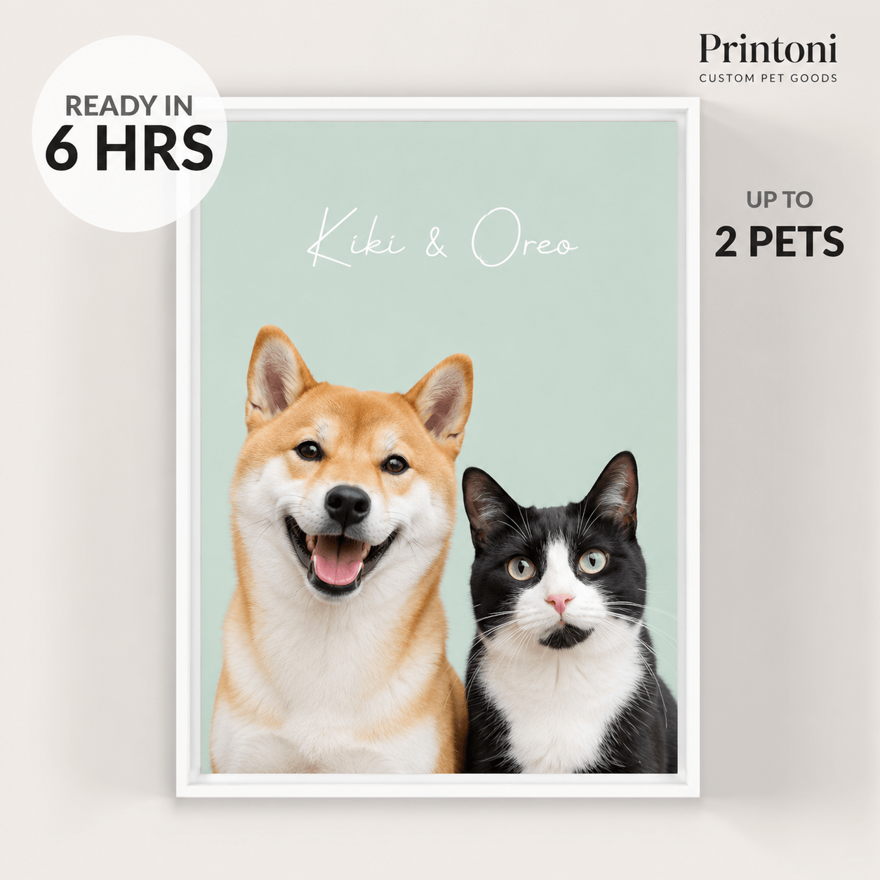 Custom Pet Portrait from Photo, Personalized Multiple Dog & Cat Portrait with Name, Modern Framed Pet Wall Art, Pet Lover Gift
