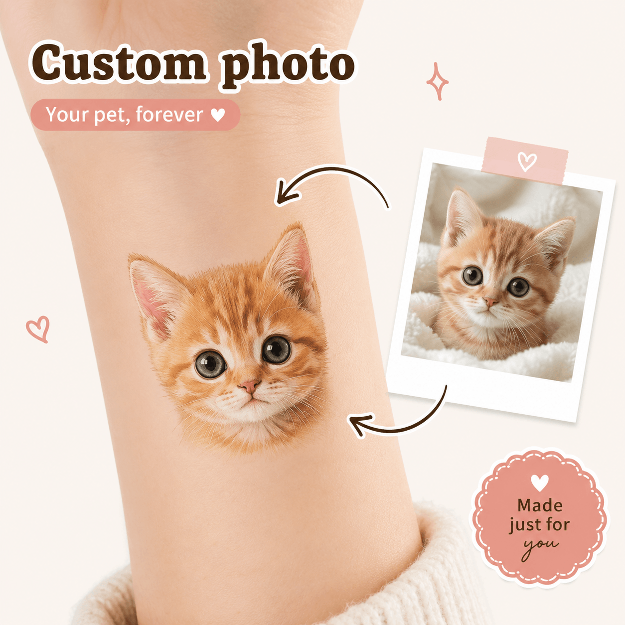 Custom Pet Temporary Tattoo from Photo – Personalized Dog Cat Portrait Tattoo Gift