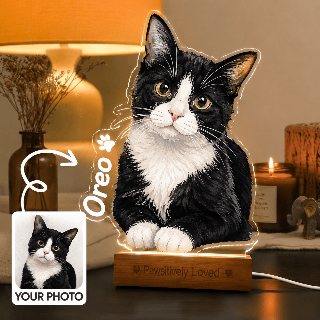 Custom Pet Night Light from Photo – Personalized Dog Cat Acrylic Lamp with Name, Pet Gift