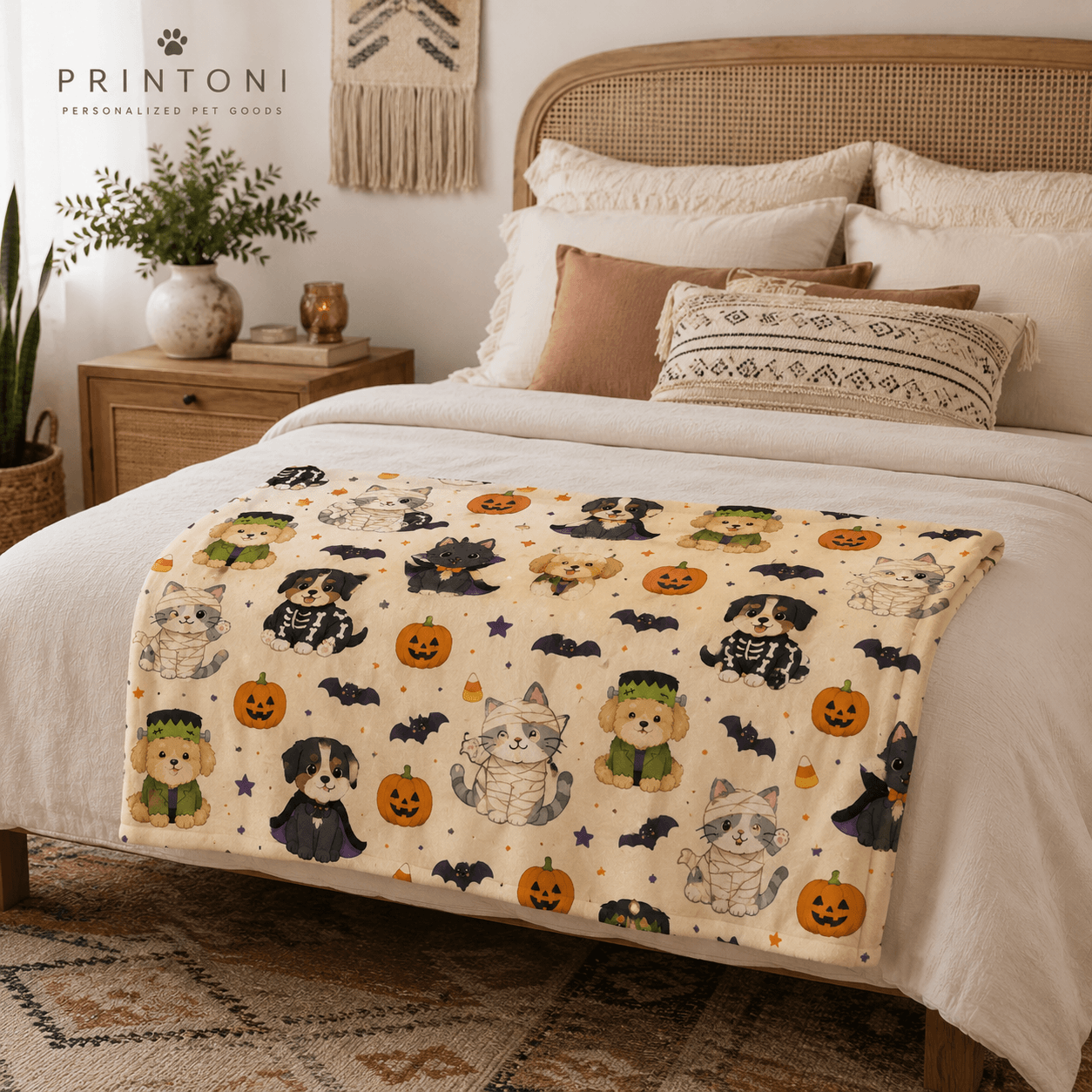 Custom Halloween Pet Blanket from Photo, Personalized Dog Cat Face & Name Throw, Spooky Pet Costume Blanket, Pet Lover Gift