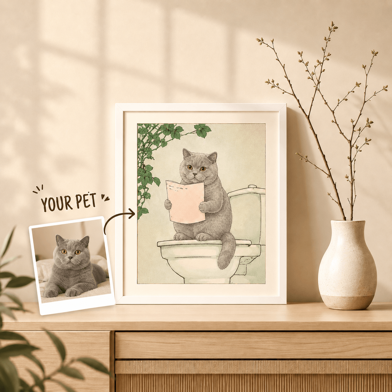 Custom Pet Bathroom Art from Photo – Personalized Funny Dog Cat Toilet Portrait, Bathroom Decor