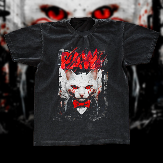 PAW Scary Cat Horror Graphic Tee | Vintage Dark Wash Halloween Cat Shirt | Edgy Horror Streetwear Gift