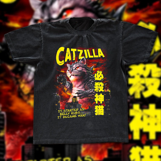 Catzilla Funny Cat Tee | Kaiju Monster Cat Graphic Shirt | Vintage Dark Washed Humor Cat Gift